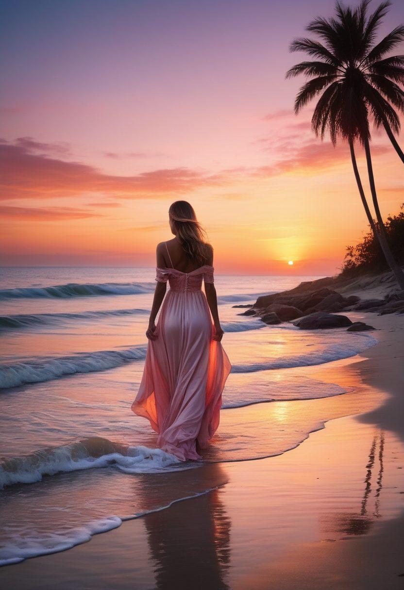 A serene summer scene featuring a peaceful beach at sunset, where a figure gracefully wears a flowing, elegant dress symbolizing remembrance. Nearby, delicate flowers and candles float gently on the waves, representing lost loved ones. The sky radiates warm hues of orange and pink, blending with soft blue water, evoking a sense of tranquility and reflection. Elements of nature, like gentle sea breezes and distant silhouettes of palm trees, enhance the emotional experience. vibrant colors. peaceful atmosphere. super-realistic.