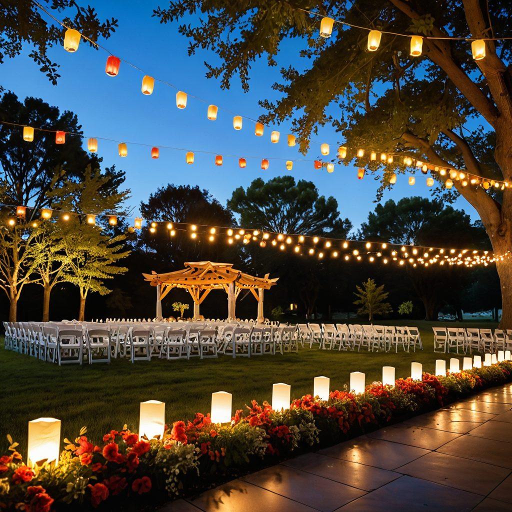 A serene outdoor summer memorial service under a bright blue sky, featuring elegant floral arrangements and softly glowing lanterns. Guests dressed in light, festive attire celebrate with joyful expressions while sharing warm memories. Subtle elements of nature like butterflies and gentle breezes enhance the scene, creating a blend of remembrance and celebration. The overall atmosphere is warm and inviting, capturing the essence of honor and joy. vibrant colors. super-realistic.